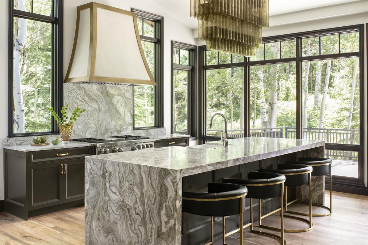 Snowmass Village Retreat kitchen with Brazilian marble waterfall island