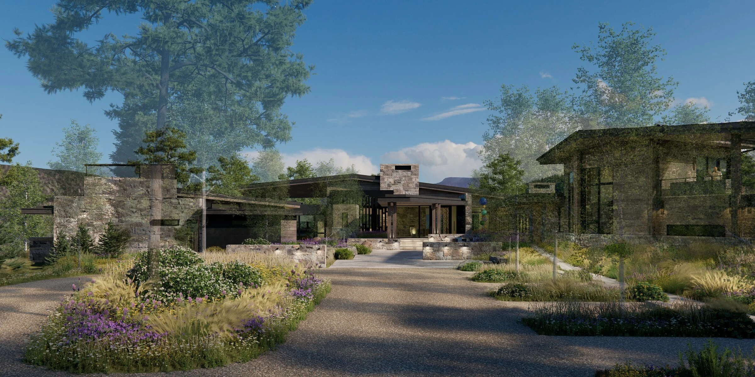 Mountain home entry exterior with stone walls and landscaping