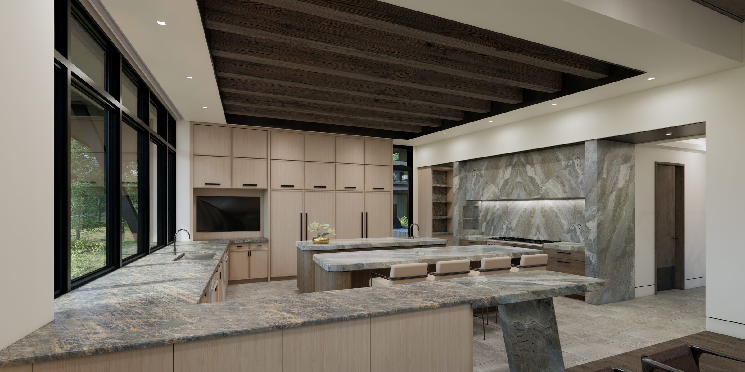 Open kitchen with stone island and wood-beamed ceiling