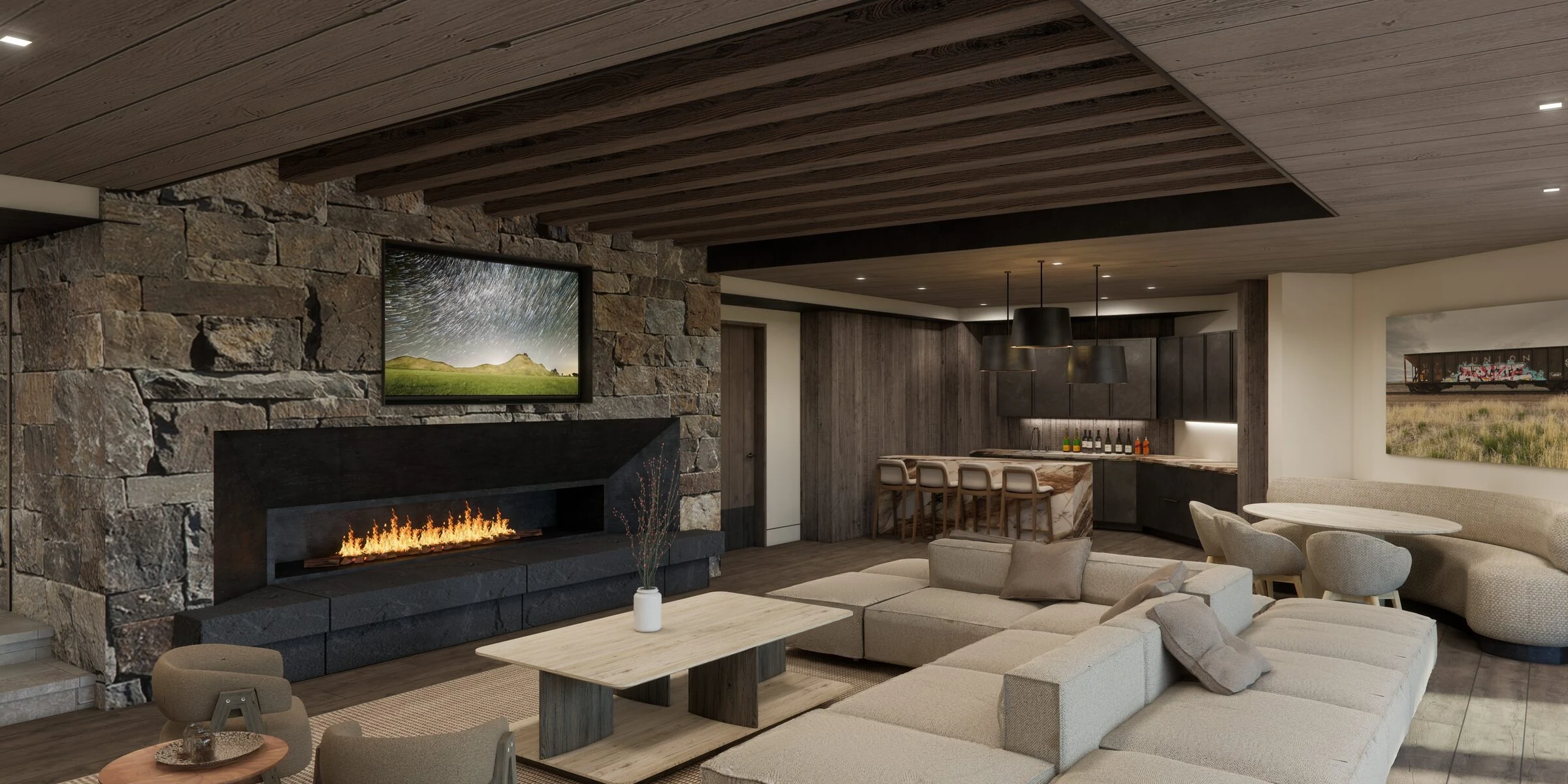 Living room with stone fireplace and linear gas insert