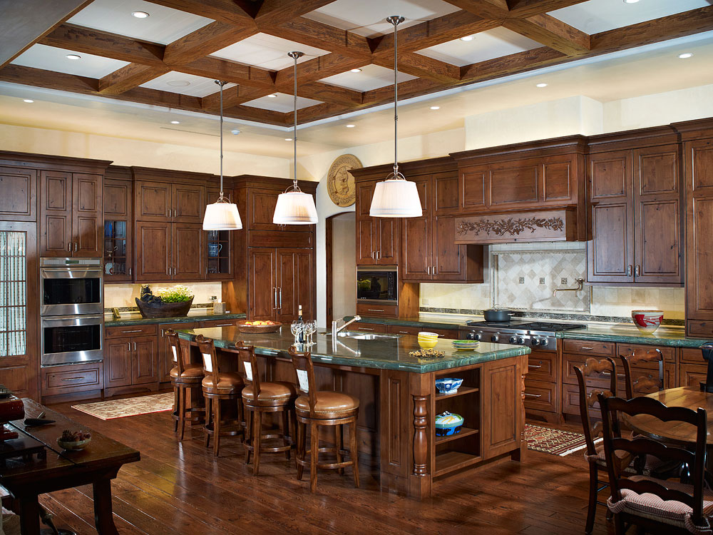 A view of the kitchen with a coffered ceiling at Arrowhead
