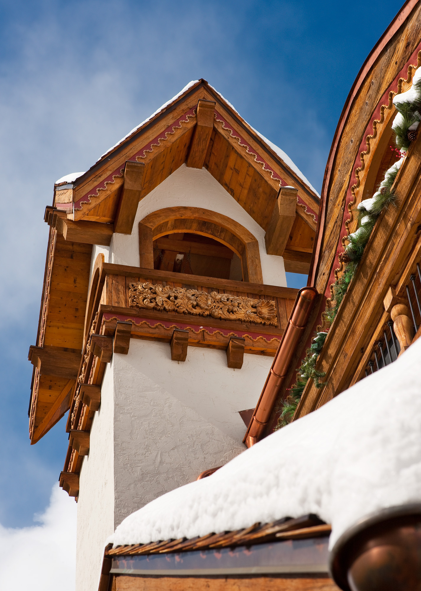a close up exterior view of the tower in the Bell Tower project in Vail, CO