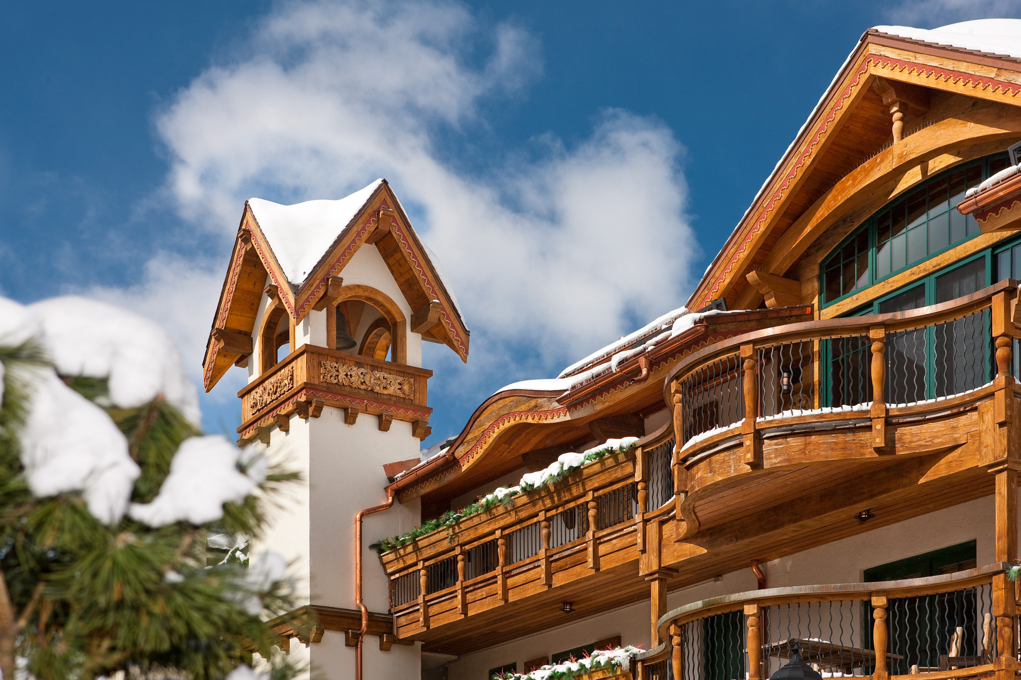 an exterior view of the swiss-style tower in the Bell Tower project in Vail, CO