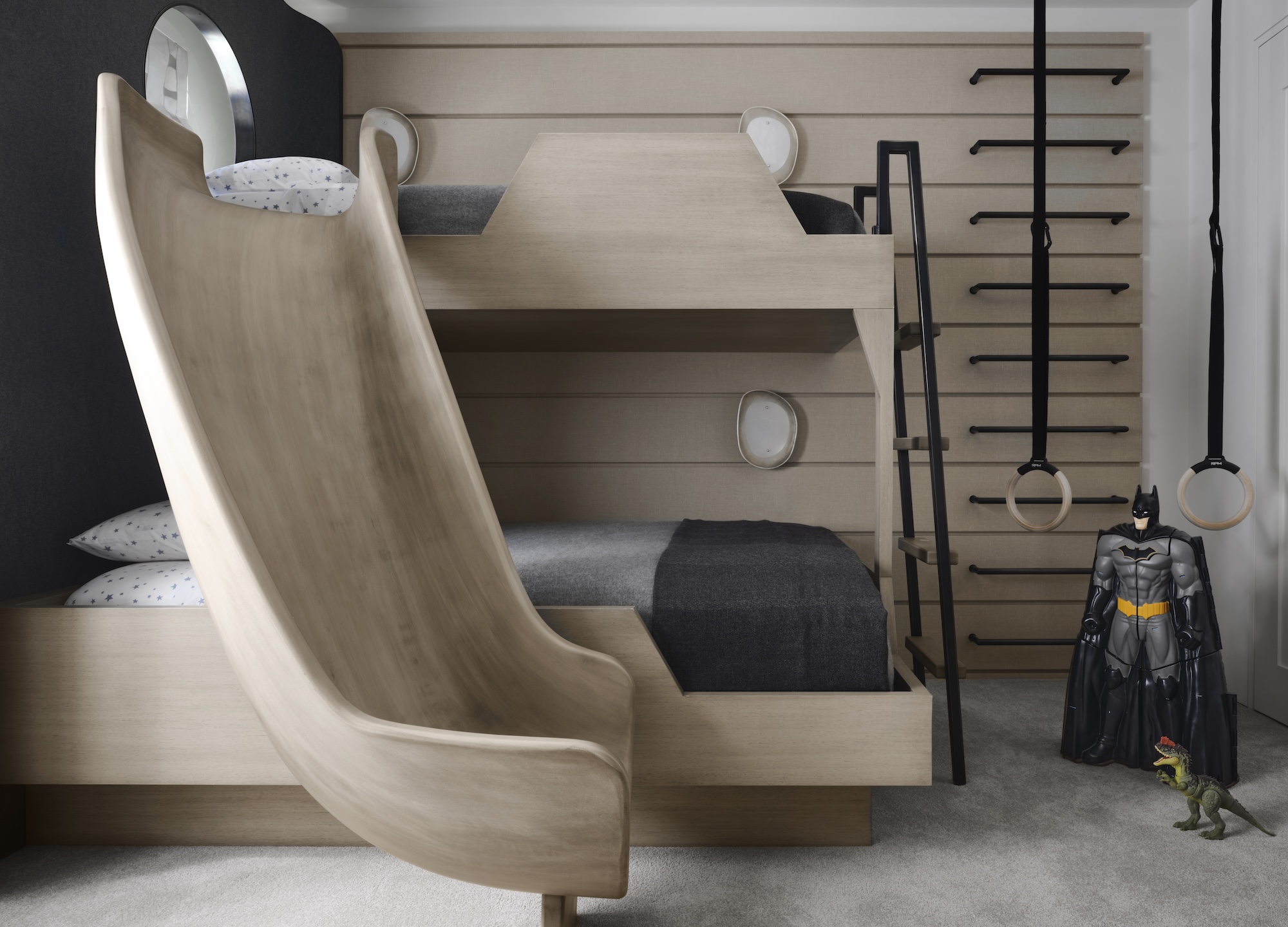 bunk beds with a matching oversized swiveling chair at aspen modern