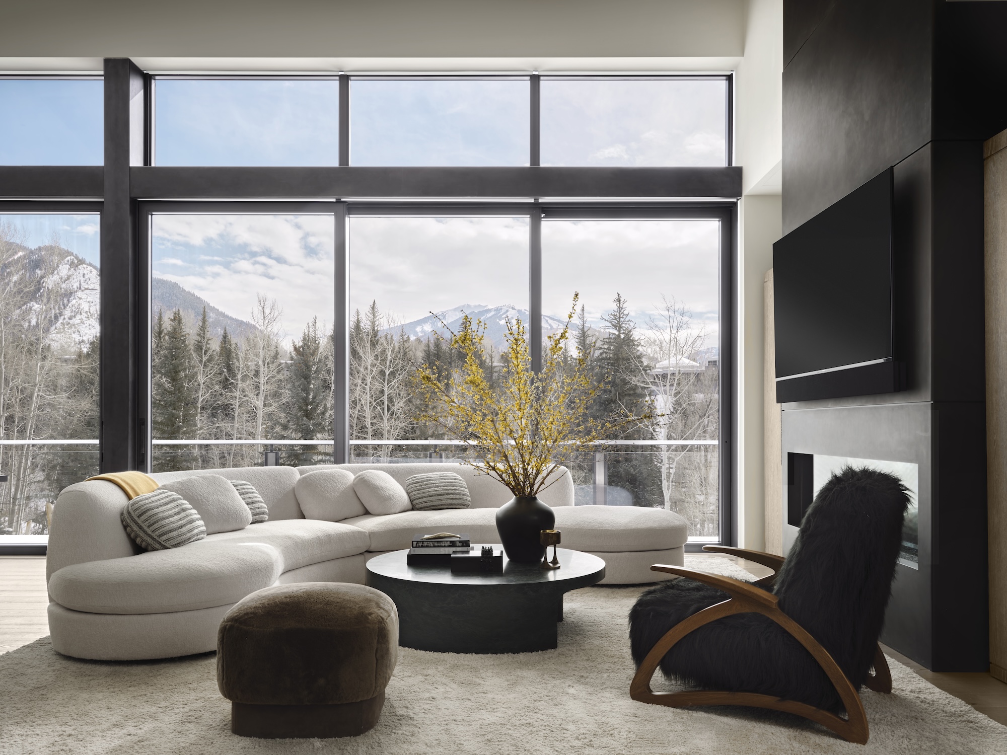 a view of the living room through the windows at aspen modern